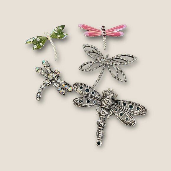 Lot Of 5 Dragonfly Brooch Pins Assorted Styles Rhinestones & Enamel Silver-Tone - Picture 1 of 8